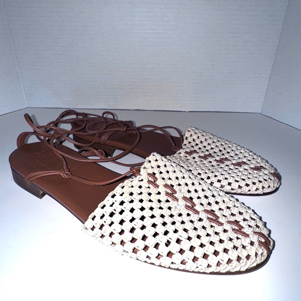 Hereu Forana Raffia beige/Brown Tie Ankle Strap Sandals 41=10.5